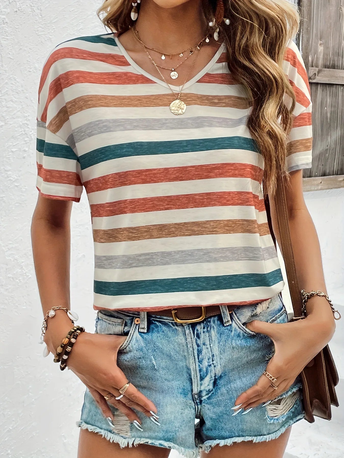 Women’s Colourblock V-Neck Summer Tee Casual, Lightweight & On Trend