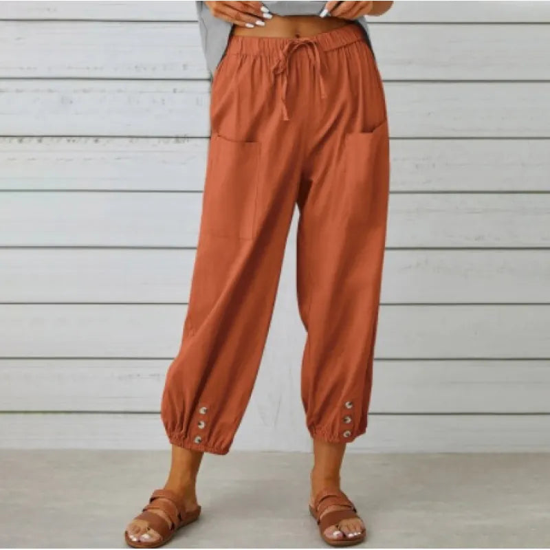 Women’s High-Waist Cotton & Linen Cropped Trousers – Wide-Leg Button Detail Fit