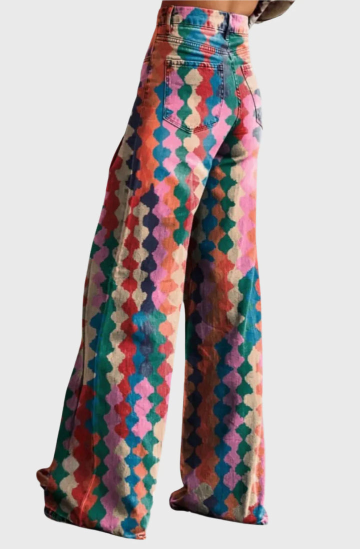 Geometric Print Wide-Leg Jeans – High Waist Denim Pants with Multicolor Pattern