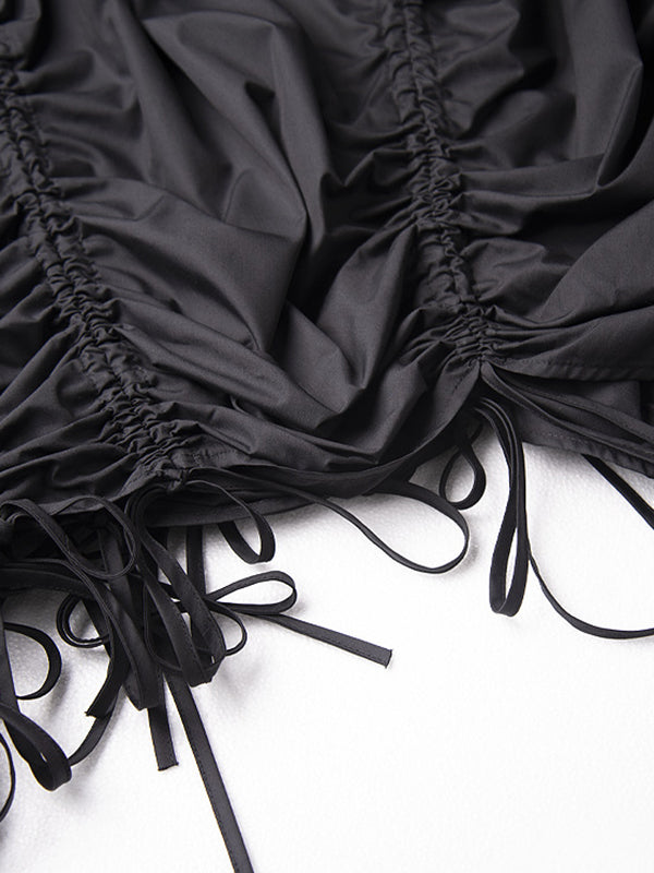 A-Line Elasticated Waist Asymmetric Drawstring Pleated Solid Color Skirts Bottoms