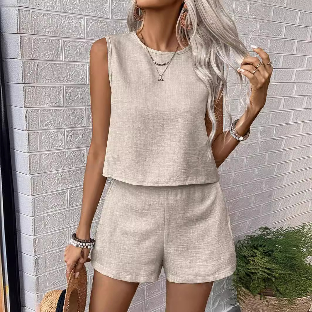 Women’s Sleeveless Vest and Shorts Set Solid Color Casual Two Piece Summer Outfit