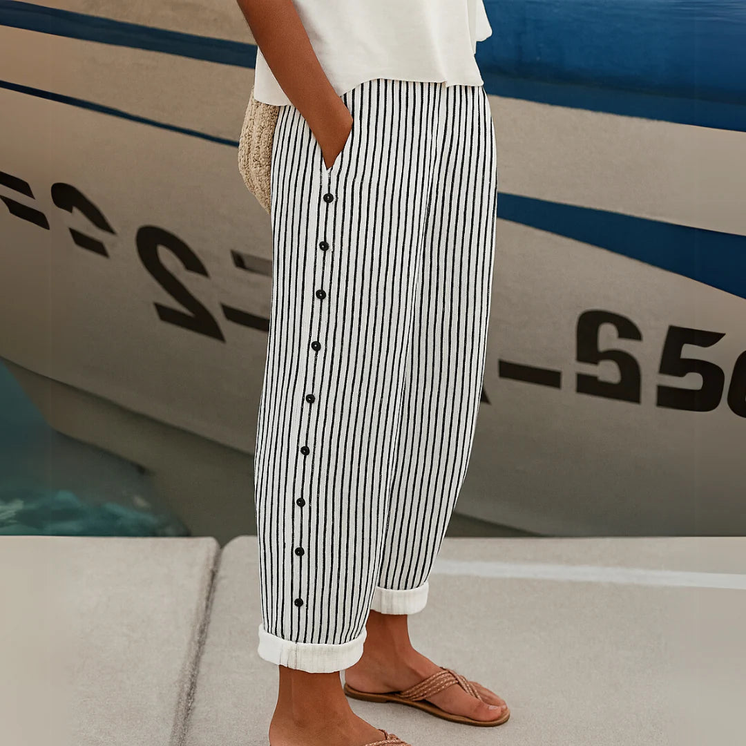 Striped Button Detail Trousers – Tailored Straight-Leg Pants for Elegant Work & Everyday Styling