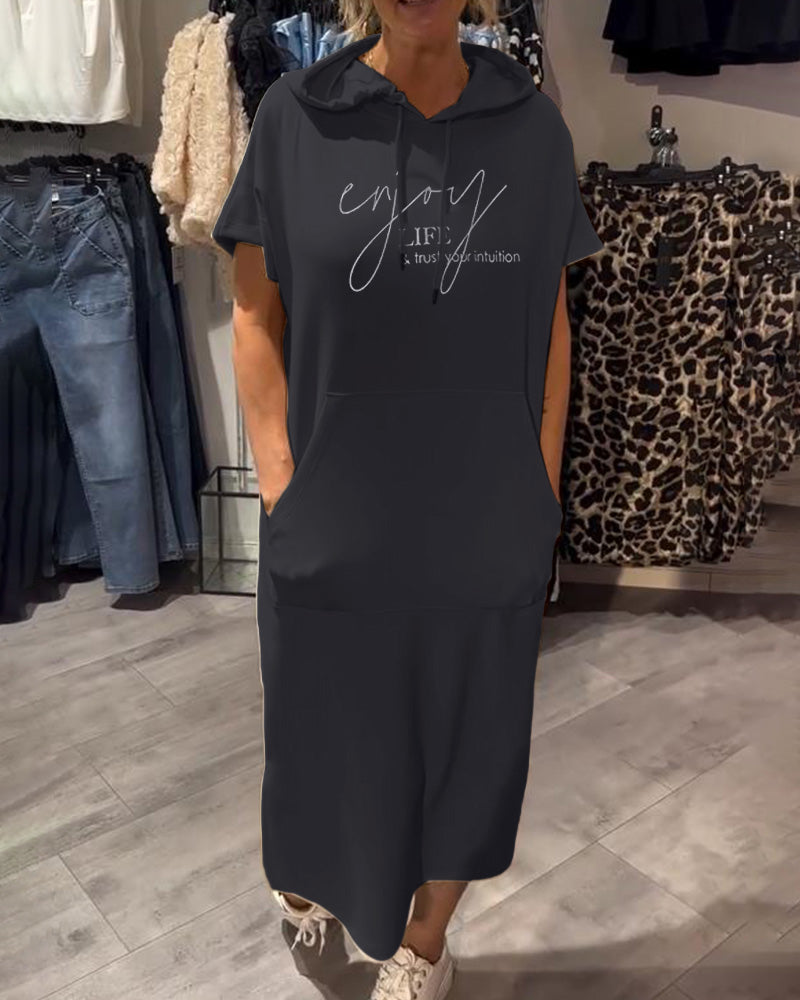 Parker - Casual Letter Print Hooded Pullover Dress