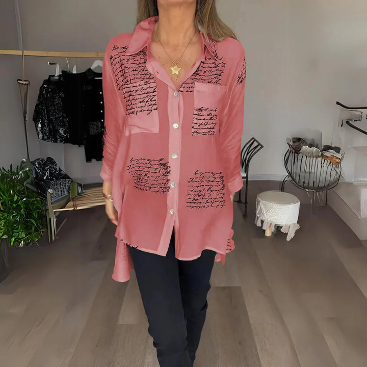 Handwritten Print Button-Up Shirt – Lightweight Artistic Top for Casual & Creative Everyday Styling