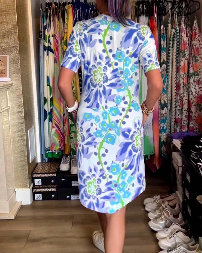 Ivendra - Short Sleeve Floral Print Dress