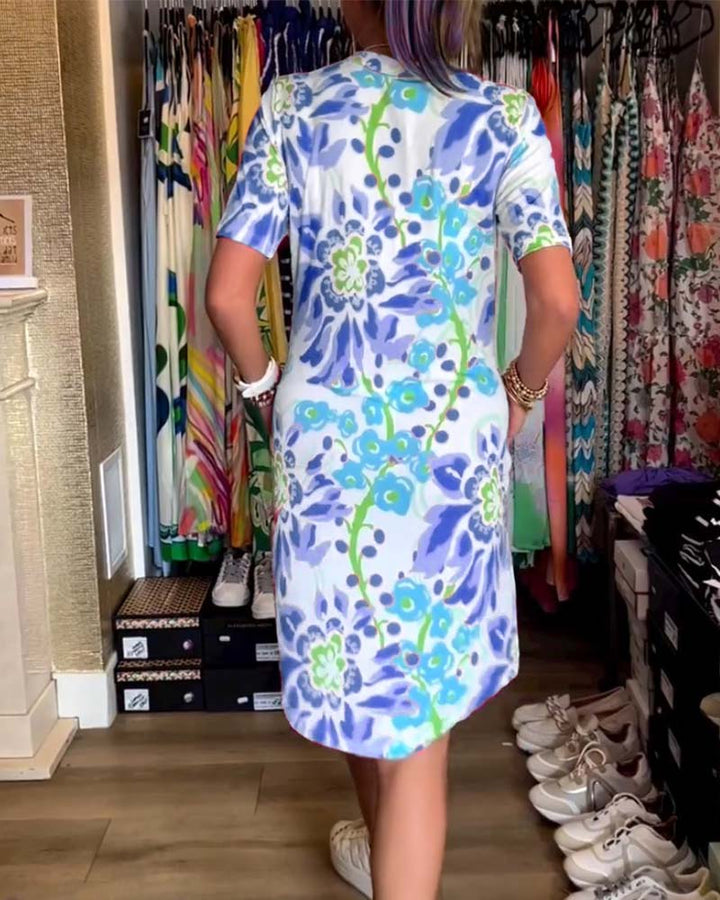 Ivendra - Short Sleeve Floral Print Dress