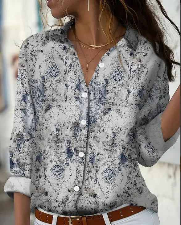 Digital Print Long Sleeve Shirt – Lightweight Lapel Blouse for Casual & Modern Everyday Styling
