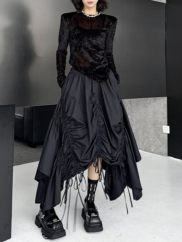 A-Line Elasticated Waist Asymmetric Drawstring Pleated Solid Color Skirts Bottoms