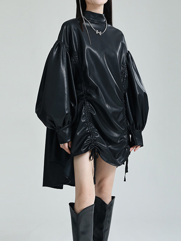 High-Low Long Sleeves Drawstring Pleated Solid Color Stand Collar Mini Dresses