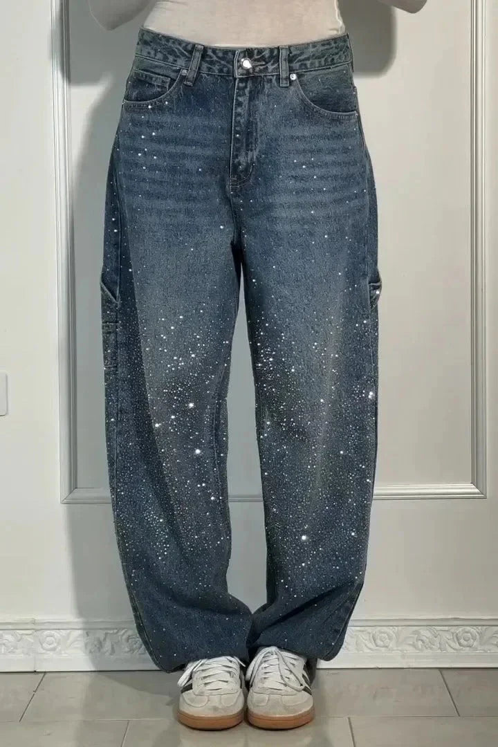 High Waist Glitter Jeans – Relaxed Fit Black Denim Pants with Subtle Sparkle Finish