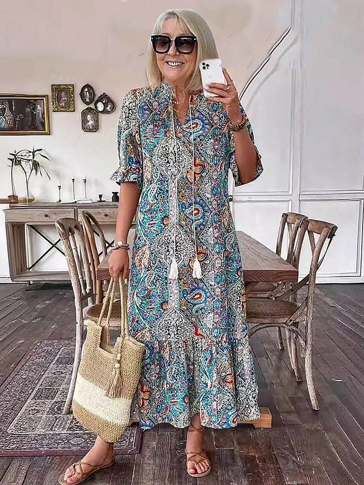 AMARANTHE – BOHO DRAWSTRING NECK MAXI DRESS