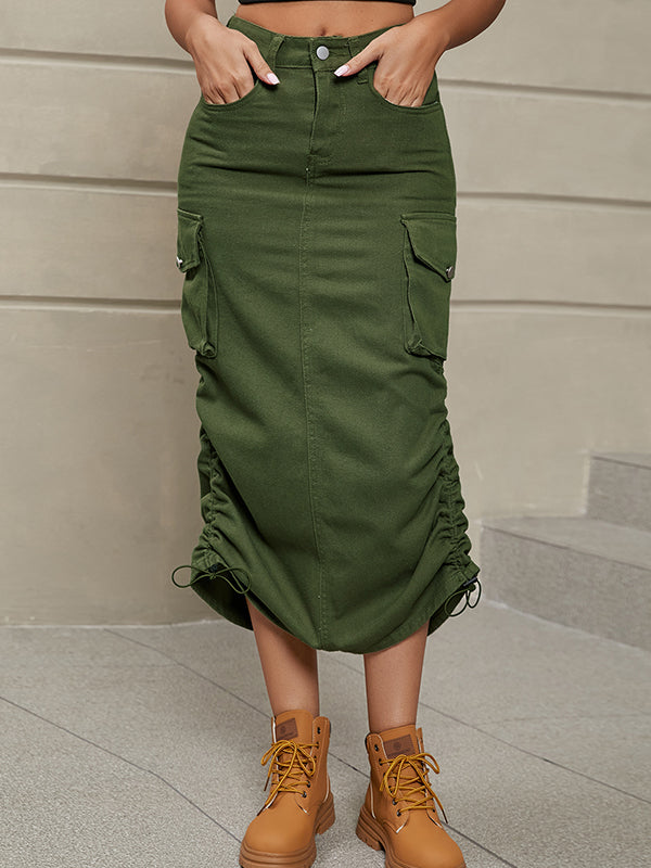 A-Line Buttoned Drawstring Pockets Solid Color Split-Side Skirts Bottoms