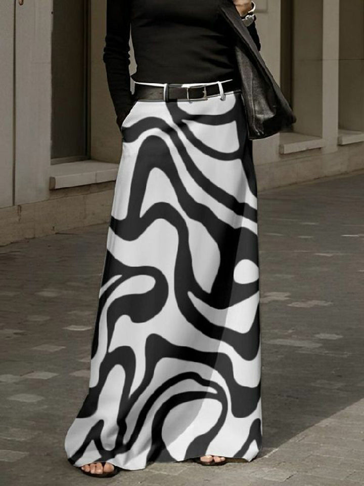 A-Line High Waisted Contrast Color No Belt Pockets Split-Joint Wave Print Skirts Bottoms