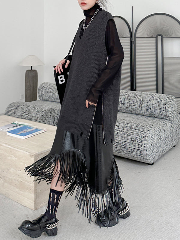 A-Line Irregularity Asymmetric Buttoned Crocodile Texture Solid Color Tasseled Skirts Bottoms