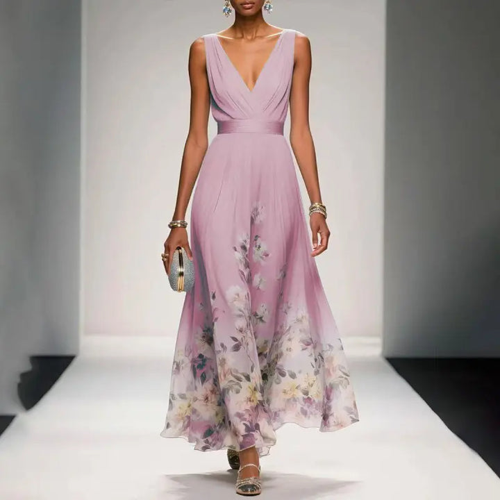 Women’s Elegant V-Neck Evening Gown – Sleeveless High-Waist Long Dress