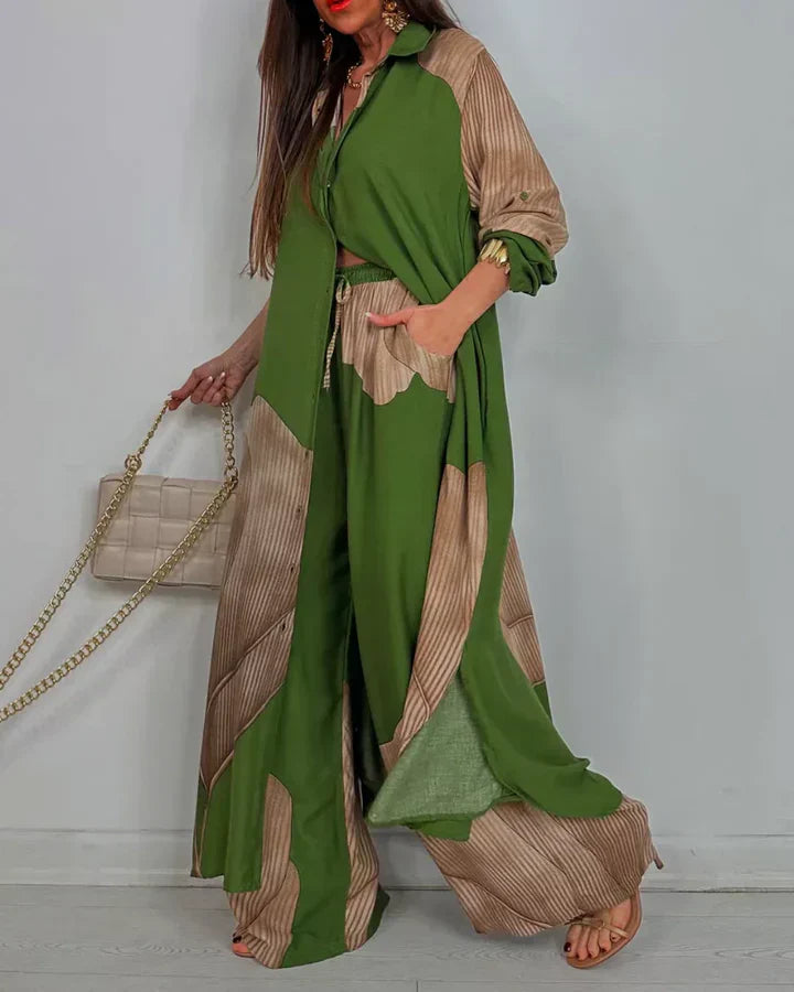 Skye - Stylish Patchwork Printed Top & Wide Leg Pants Set for a Chic Look