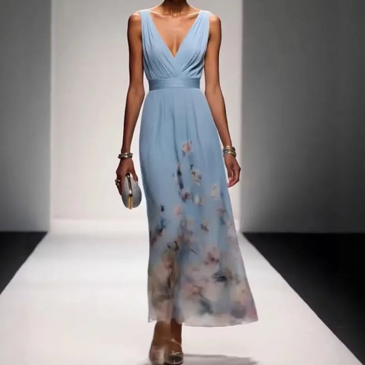 Women’s Elegant V-Neck Evening Gown – Sleeveless High-Waist Long Dress