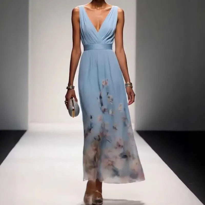 Women’s Elegant V-Neck Evening Gown – Sleeveless High-Waist Long Dress