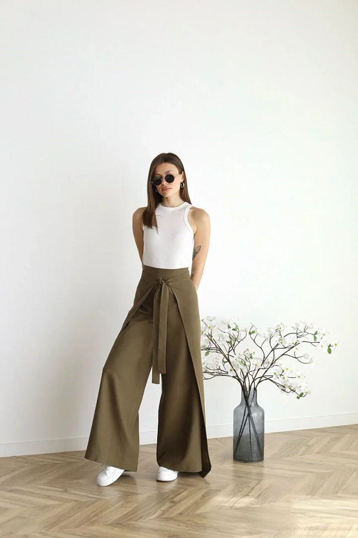 Wide-Leg Linen Trousers – High Waist Tie Belt Pants for Elegant Casual & Summer Styling