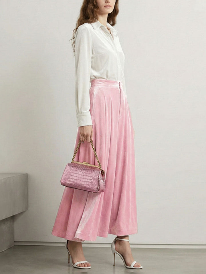 High Waisted Elasticity Pleated Pockets Solid Color Skirts Bottoms