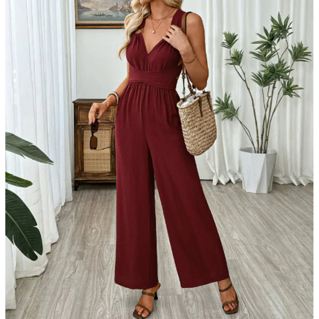 Women’s V Neck Backless Jumpsuit Wide Leg Elegant
