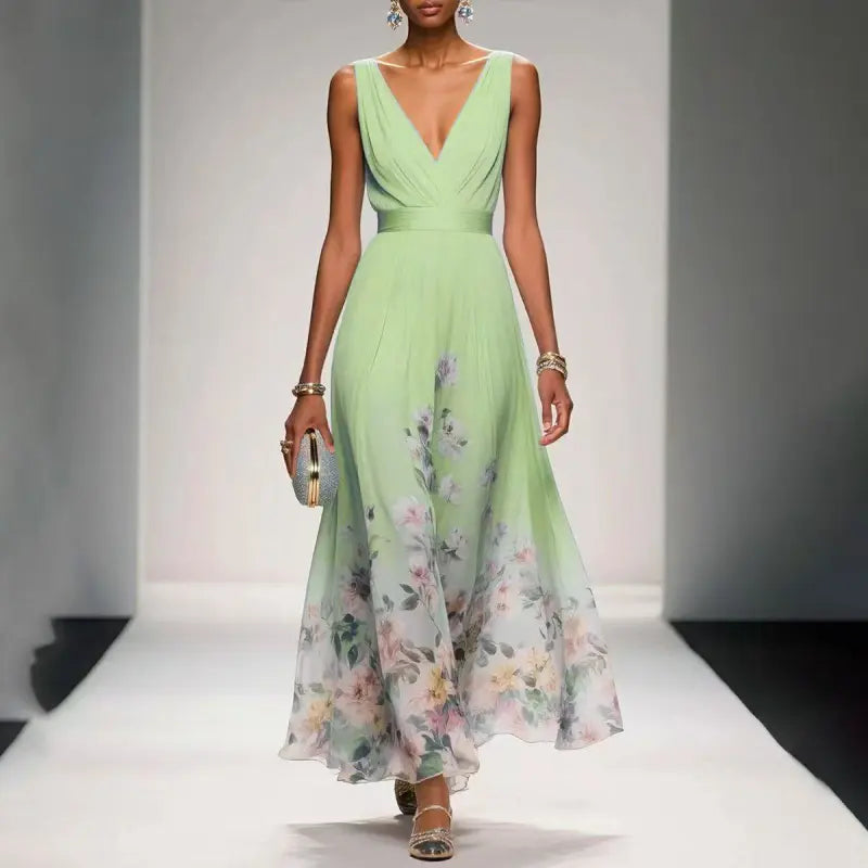 Women’s Elegant V-Neck Evening Gown – Sleeveless High-Waist Long Dress