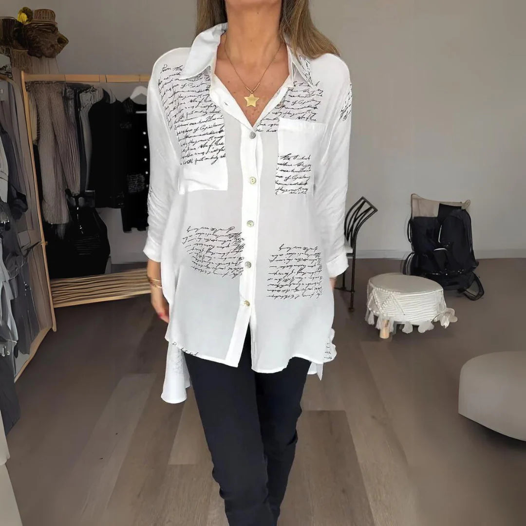 Handwritten Print Button-Up Shirt – Lightweight Artistic Top for Casual & Creative Everyday Styling