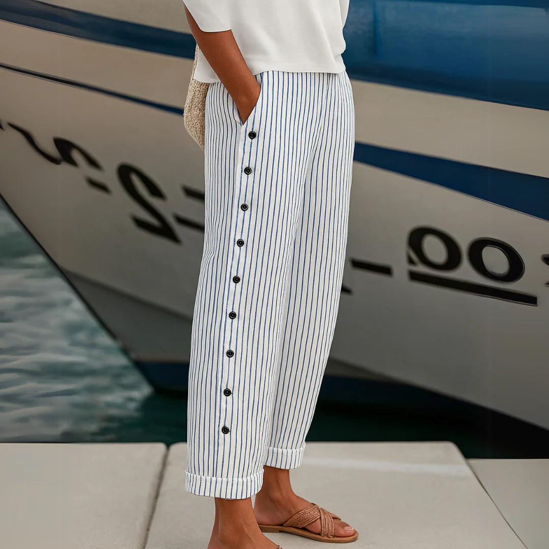 Striped Button Detail Trousers – Tailored Straight-Leg Pants for Elegant Work & Everyday Styling
