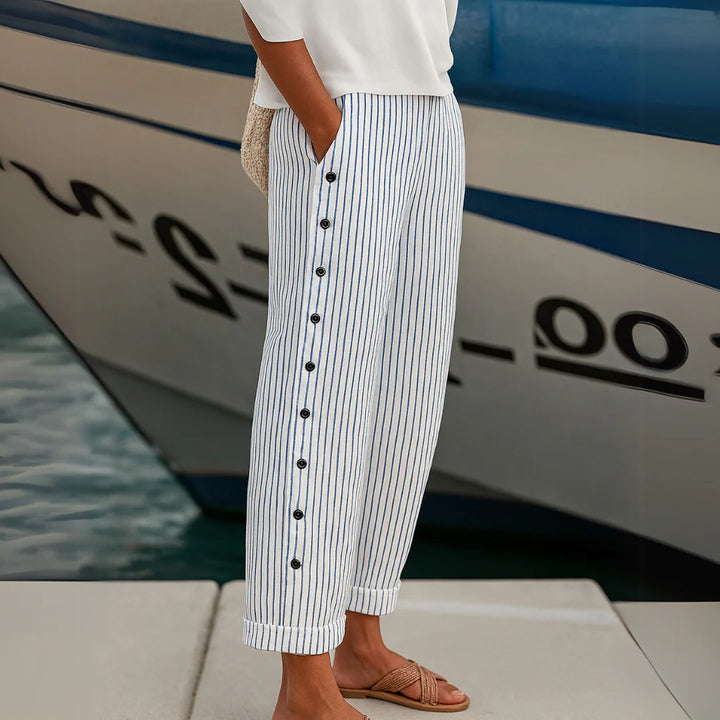 Striped Button Detail Trousers – Tailored Straight-Leg Pants for Elegant Work & Everyday Styling
