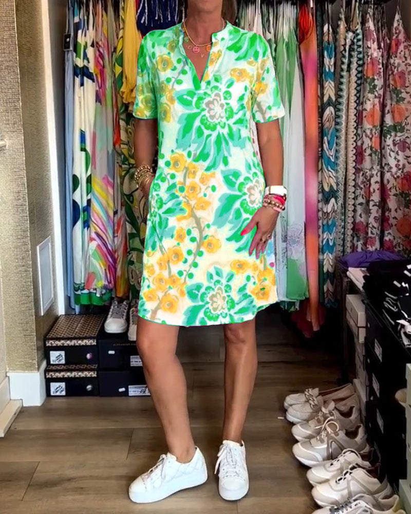 Ivendra - Short Sleeve Floral Print Dress