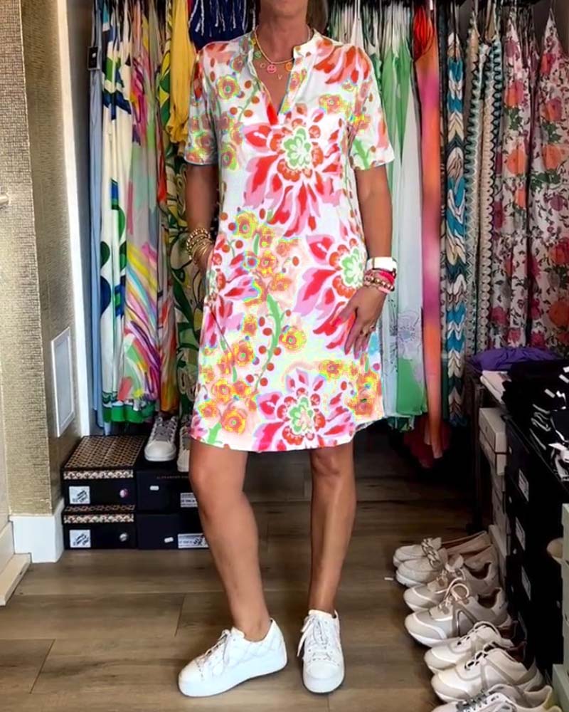 Ivendra - Short Sleeve Floral Print Dress