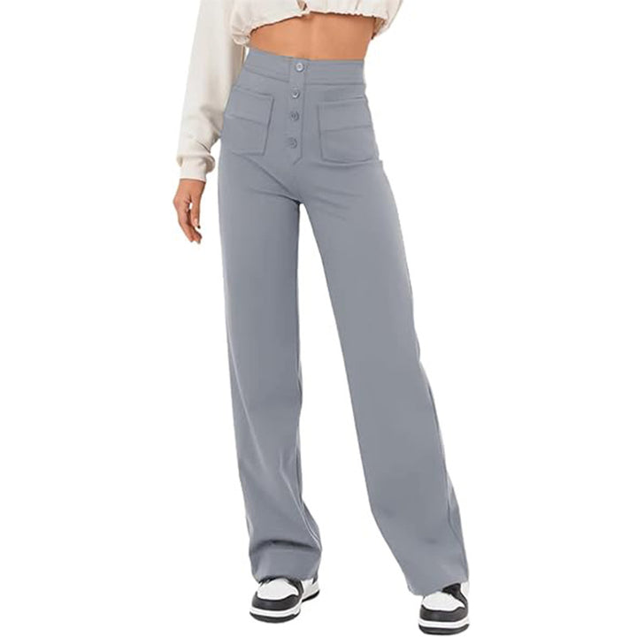 Women’s High-Waist Wide-Leg Trousers – Tailored Straight Pants with Button Detail