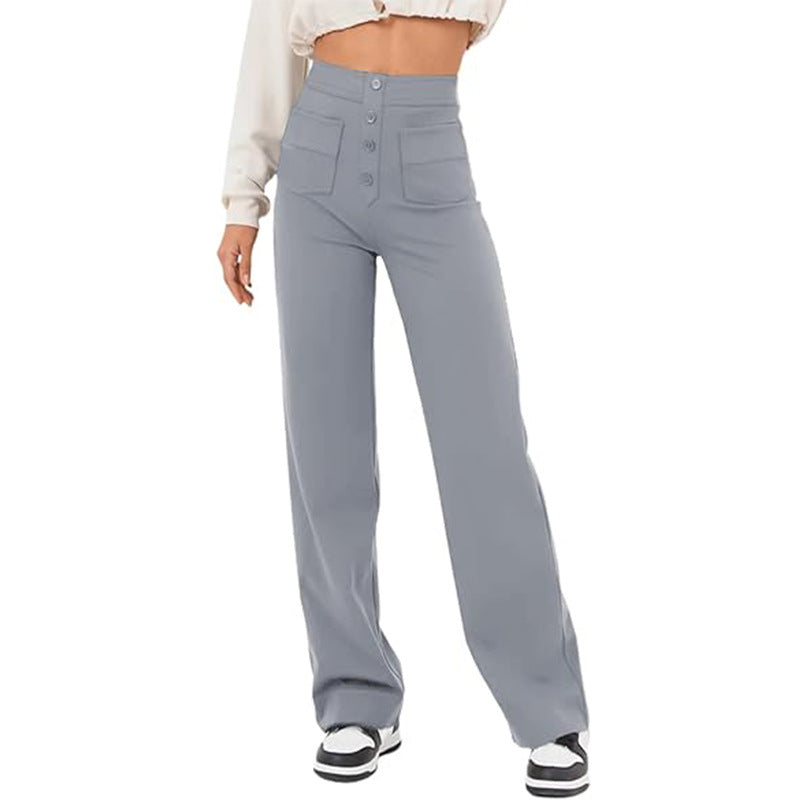 Women’s High-Waist Wide-Leg Trousers – Tailored Straight Pants with Button Detail