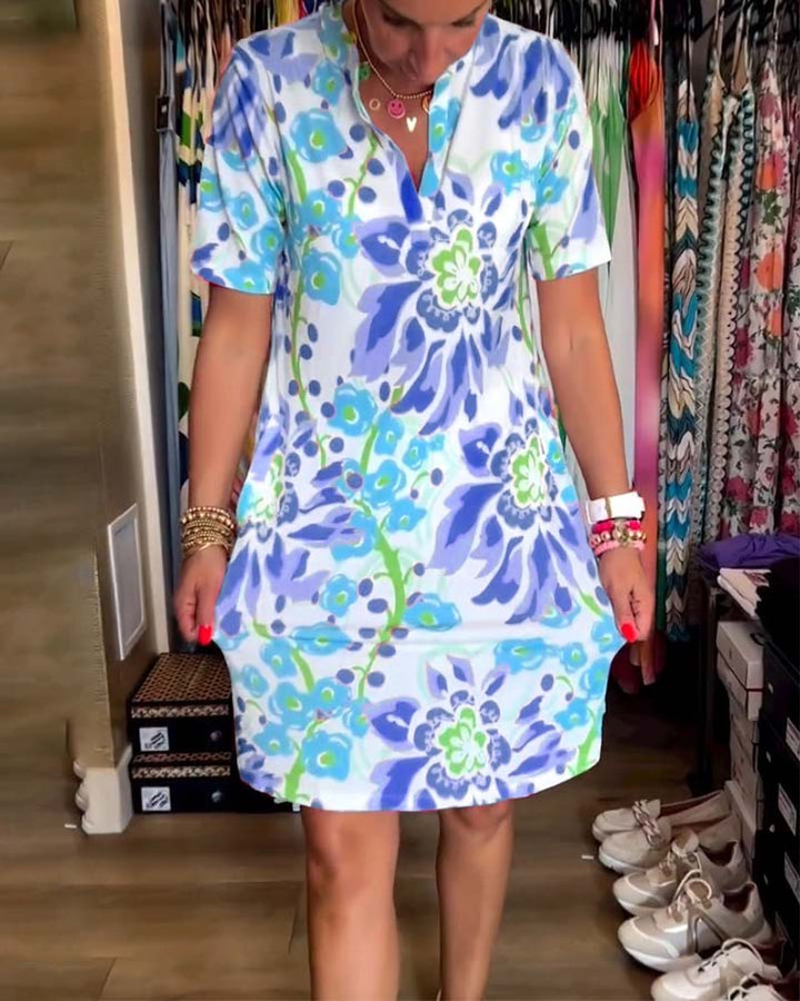 Ivendra - Short Sleeve Floral Print Dress