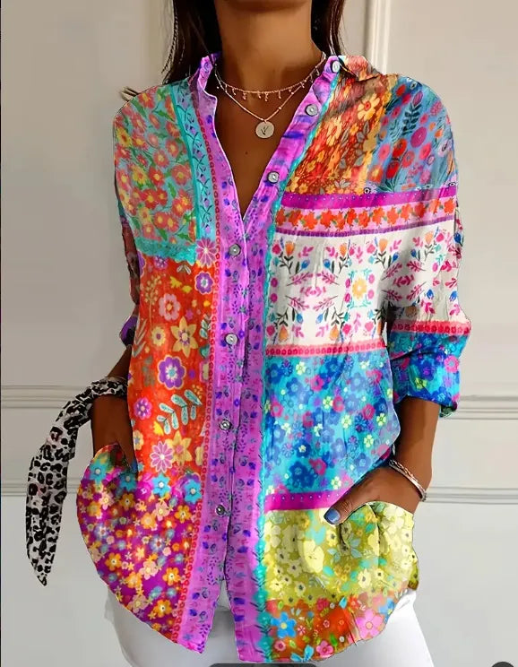 Digital Print Long Sleeve Shirt – Lightweight Lapel Blouse for Casual & Modern Everyday Styling
