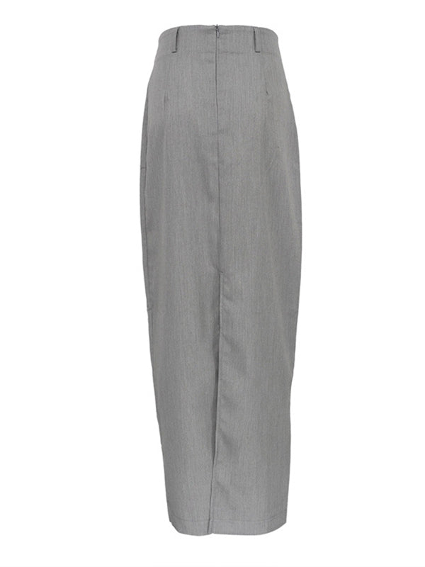 High Waisted Loose No Belt Solid Color Split-Back Split-Joint Zipper Skirts Bottoms