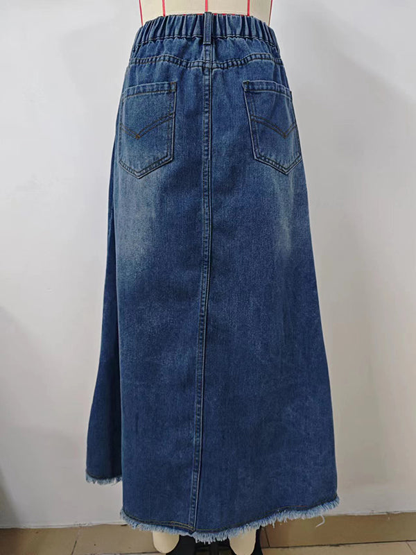 A-Line Loose Buttoned Elasticity Fringed Pockets Split-Joint Skirts Bottoms
