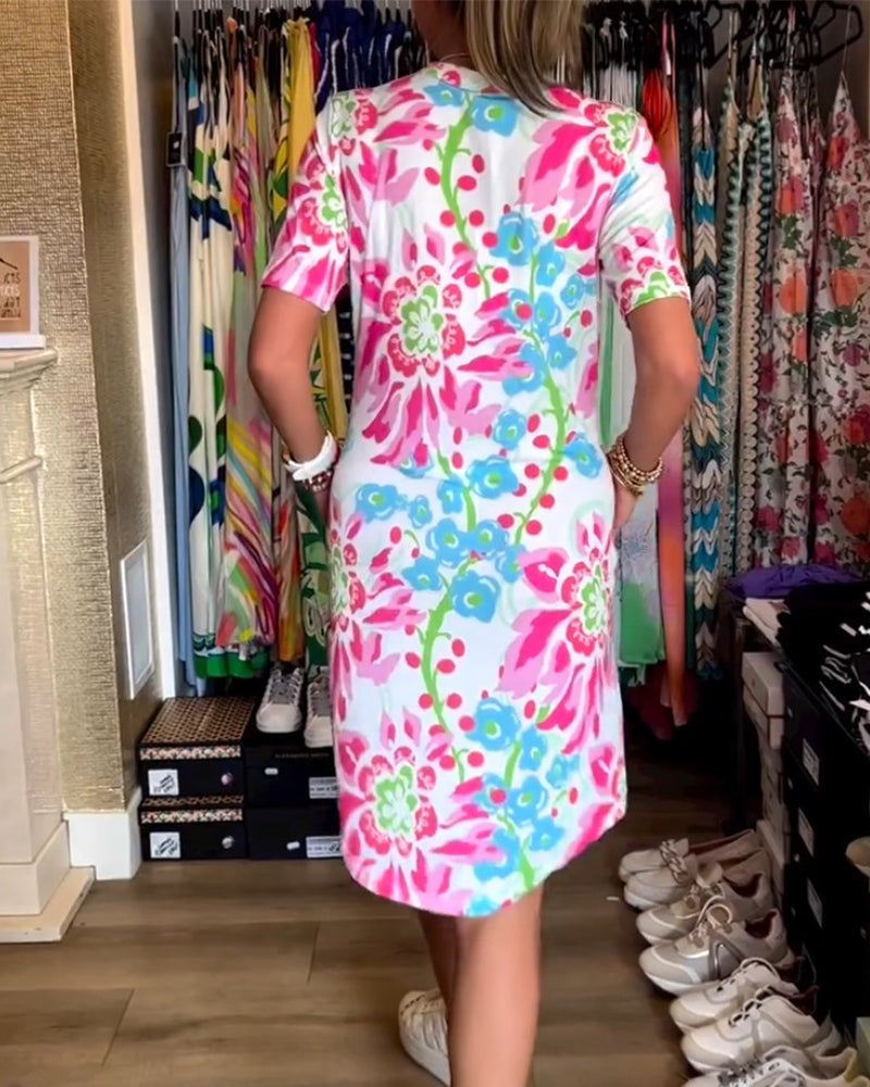Ivendra - Short Sleeve Floral Print Dress