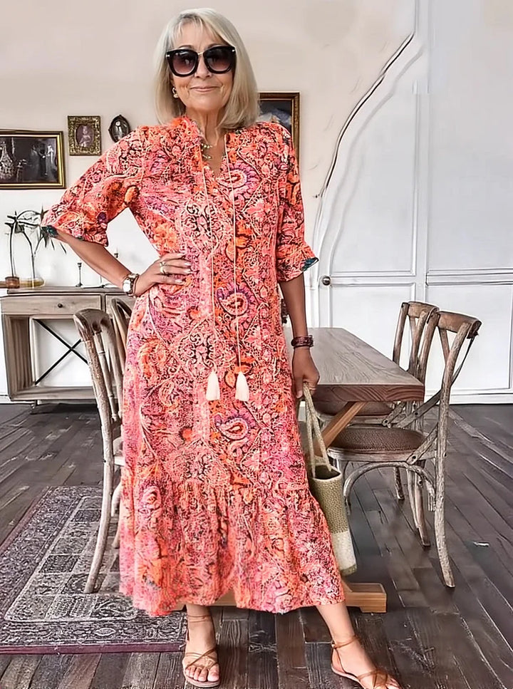 AMARANTHE – BOHO DRAWSTRING NECK MAXI DRESS