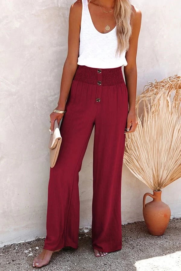 High Waist Relaxed Wide-Leg Pants – Lightweight Button Detail Trousers for Casual & Resort Wear