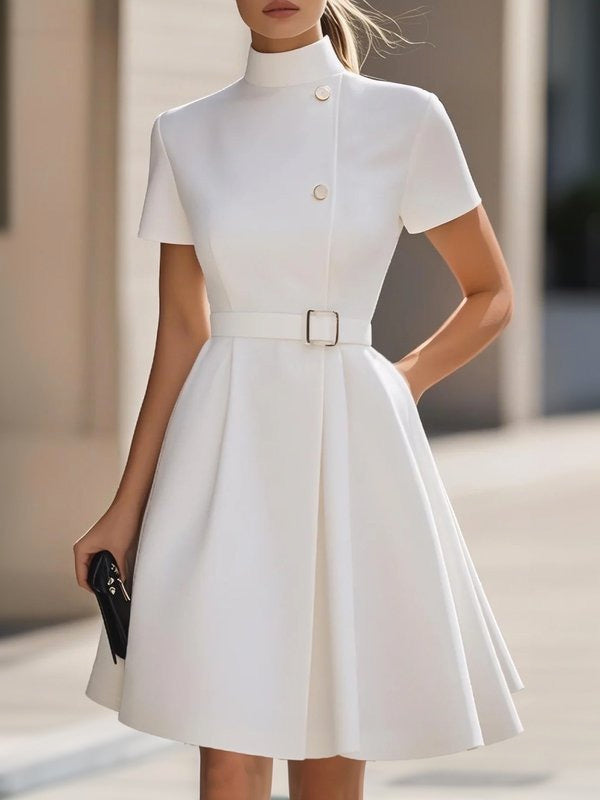Short Sleeves Belted Buttoned Solid Color Stand Collar Mini Dresses