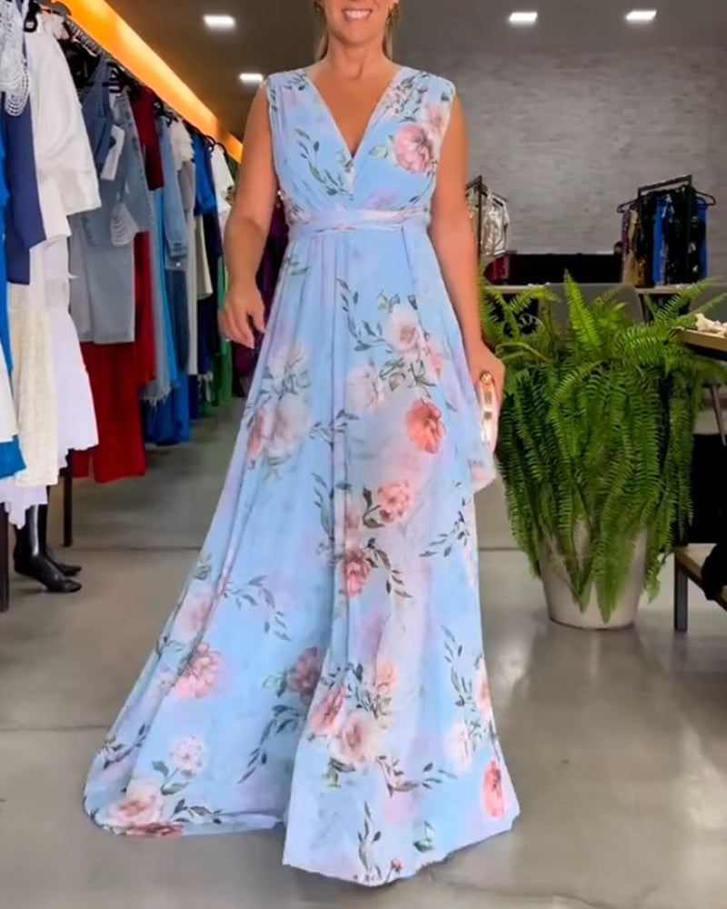Gia - Sleeveless Floral Split Hem Long Dress