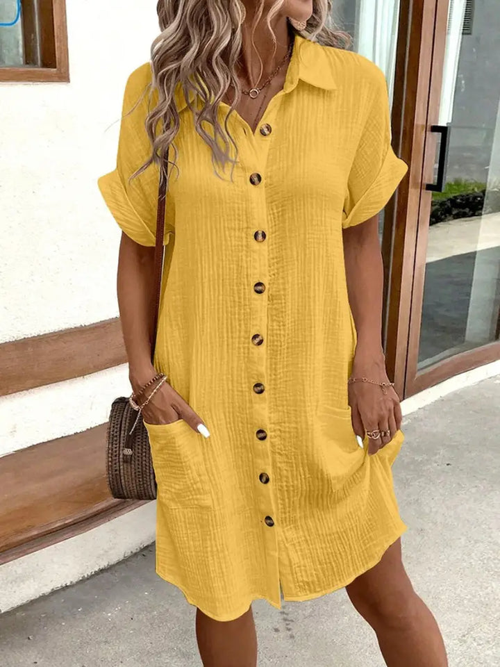Solid Color Shirt Dress – Short Sleeve Button-Down Midi Dress for Effortless Everyday Styling
