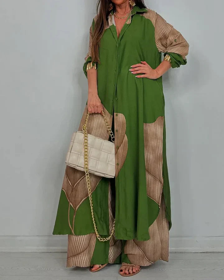 Skye - Stylish Patchwork Printed Top & Wide Leg Pants Set for a Chic Look