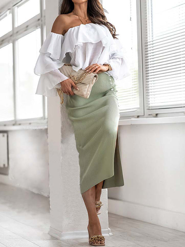 Bodycon High Waisted Asymmetric Buttoned Split-Side Skirts Bottoms