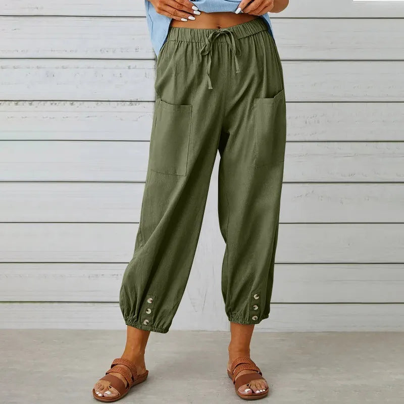 Women’s High-Waist Cotton & Linen Cropped Trousers – Wide-Leg Button Detail Fit