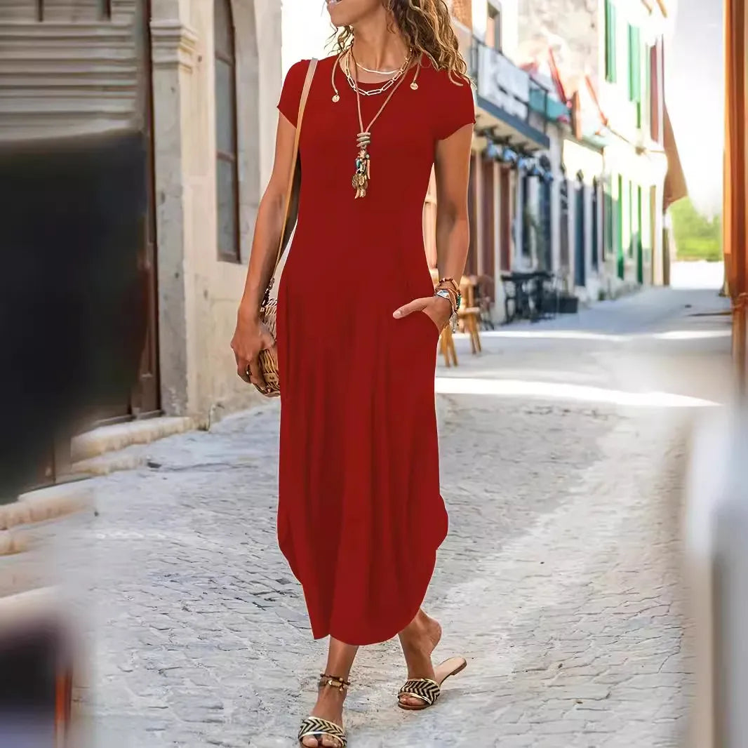 Women’s Solid Color Short Sleeve Dress – High-Stretch Minimalist Summer Fit