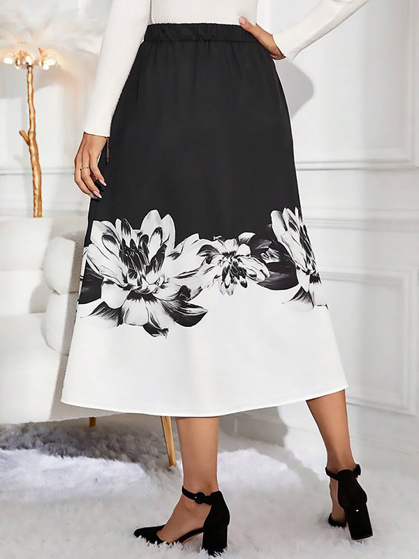 A-Line Loose Elasticity Flower Print Skirts Bottoms