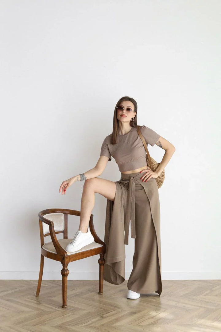 Wide-Leg Linen Trousers – High Waist Tie Belt Pants for Elegant Casual & Summer Styling