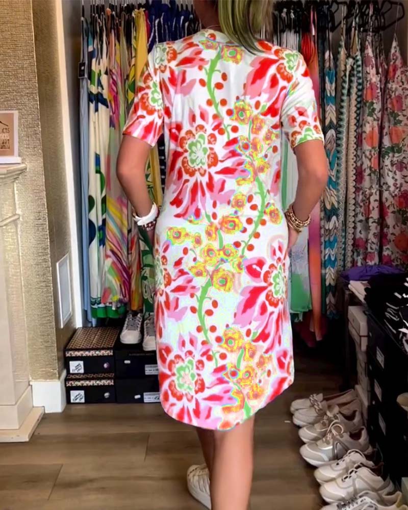 Ivendra - Short Sleeve Floral Print Dress